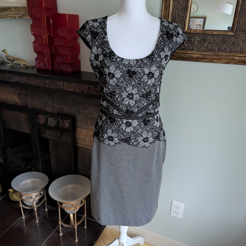 Ann Taylor Women's 6 Ponte Floral Lace Overlay Dress Gray Cap Sleeve 169